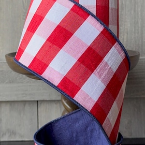 Red White Check Navy Fused Back d Stevens Wired Ribbon, 4 Inch, 10 Yards