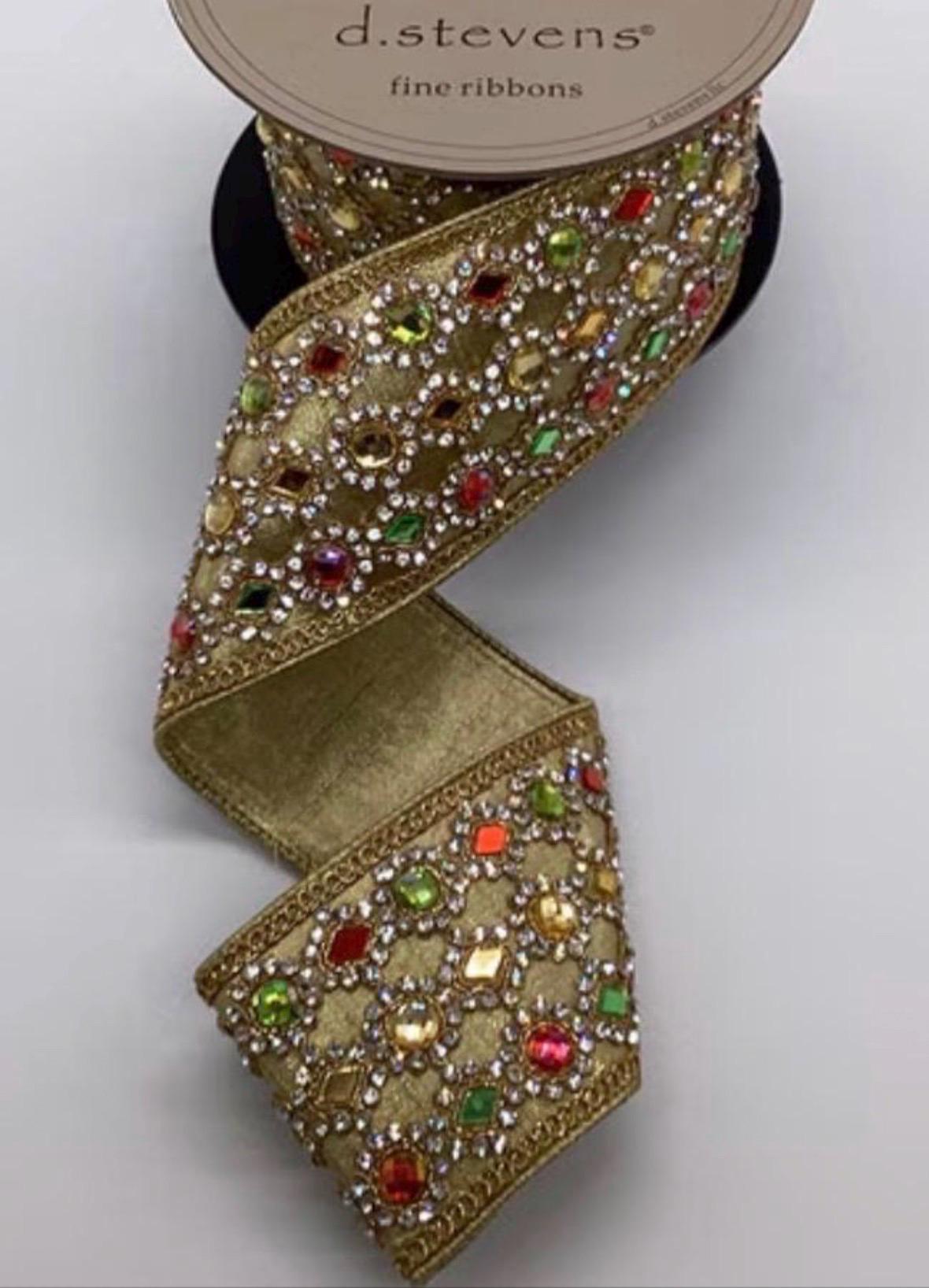 Jewled Ribbon Royal Jewel Gold Multi-colored Gem D Stevens Wired Ribbon, Christmas ...