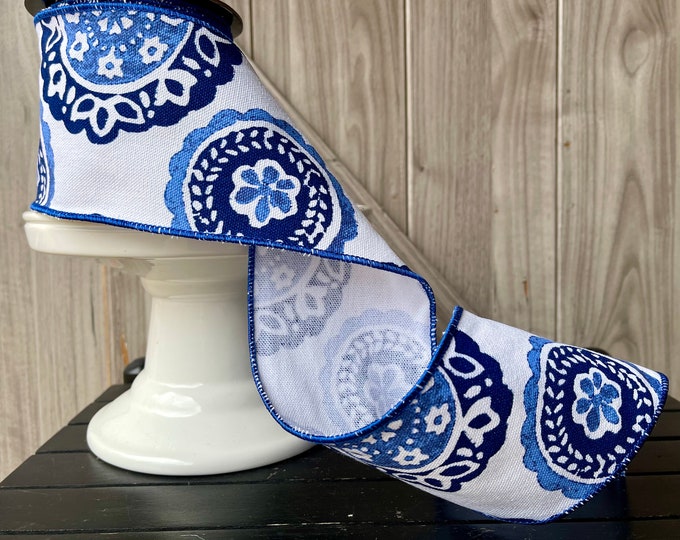 Regency, 10 Yards, 4 Inch Wired Ribbon, Veranda Emblem Ribbon, Blue ...