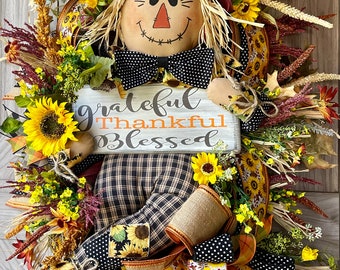Scarecrow Wreath, Fall Door Wreath, Hi Scarecrow Wreath, Scarecrow Door Decor, Thankful Wreath, Fall Blessed Wreath, Grateful Wreath, Wreath