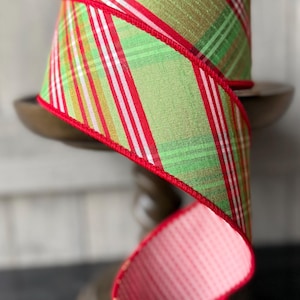 2.5" North Pole Plaid w/ Red Check Fused Back d Stevens Wired Ribbon, Luxury Ribbon, 2.5" Wide, 10 Yards