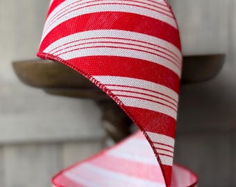 Diagonal Stripe Red & White (dusting of glitter) Taffeta d Stevens Wired Ribbon, Christmas Tree Ribbon, 4" Wide, 10 Yards