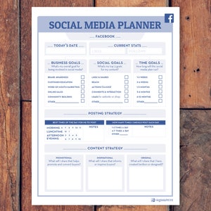 May include: A blue and white printable social media planner with sections for business goals, social goals, time goals, posting strategy, and content strategy. The planner includes checkboxes, notes sections, and a calendar for scheduling posts.