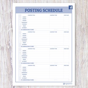 May include: A printable Facebook posting schedule template with four weeks of daily slots for content title, content type, and post date. The template has a light blue background with a Facebook logo in the top right corner.