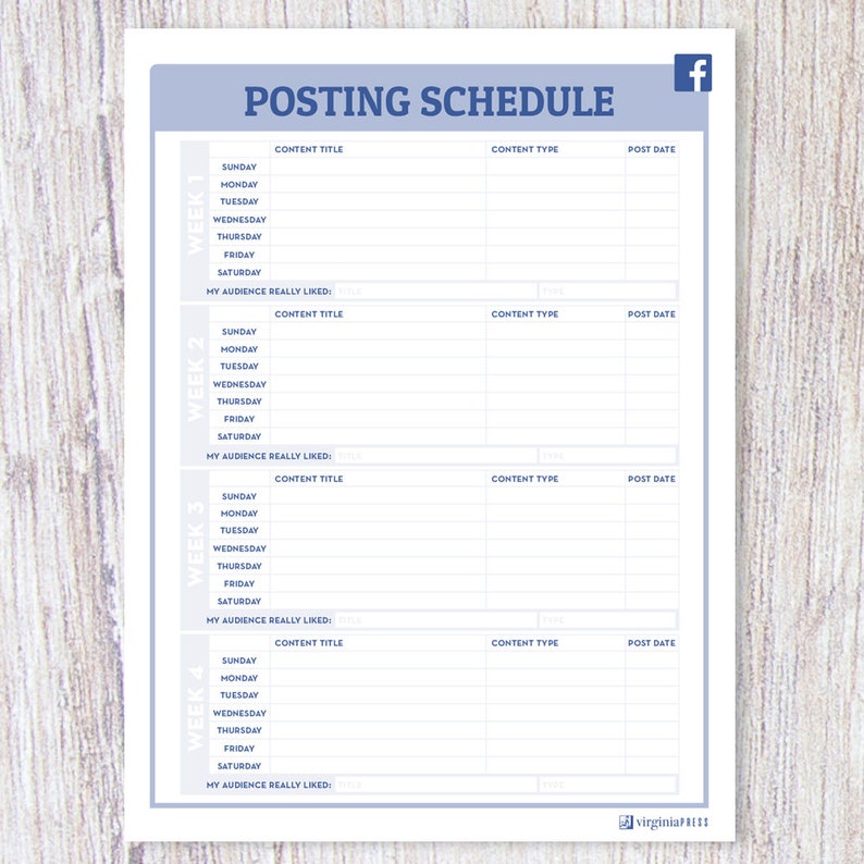 May include: A printable Facebook posting schedule template with four weeks of daily slots for content title, content type, and post date. The template has a light blue background with a Facebook logo in the top right corner.