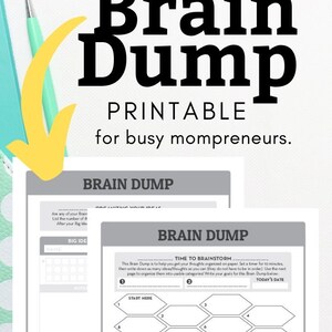 Puede incluir: Una hoja de trabajo de descarga cerebral imprimible con fondo gris y texto blanco. La hoja de trabajo est&aacute; dise&ntilde;ada para ayudar a las personas a organizar sus pensamientos e ideas. Incluye una secci&oacute;n para escribir ideas principales, una secci&oacute;n para lluvia de ideas y una cuadr&iacute;cula con 20 casillas numeradas para enumerar ideas. El texto en la hoja de trabajo dice "Brain Dump" y "Time to Brainstorm".