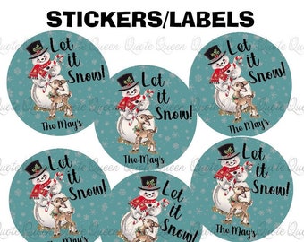 SNOWMAN AND DEER Let It Snow  Christmas Stickers/Labels, Personalized Label, Personalized Sticker, Address Label. Return Address Label.
