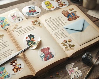 Vintage Baby Animals Stickers, 2 Inch Glossy Round Set of 20