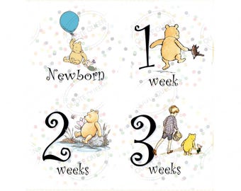 Classic Winnie the Pooh Monthly Baby Stickers, Newborn to 12 Weeks Set, Milestone Photo Props