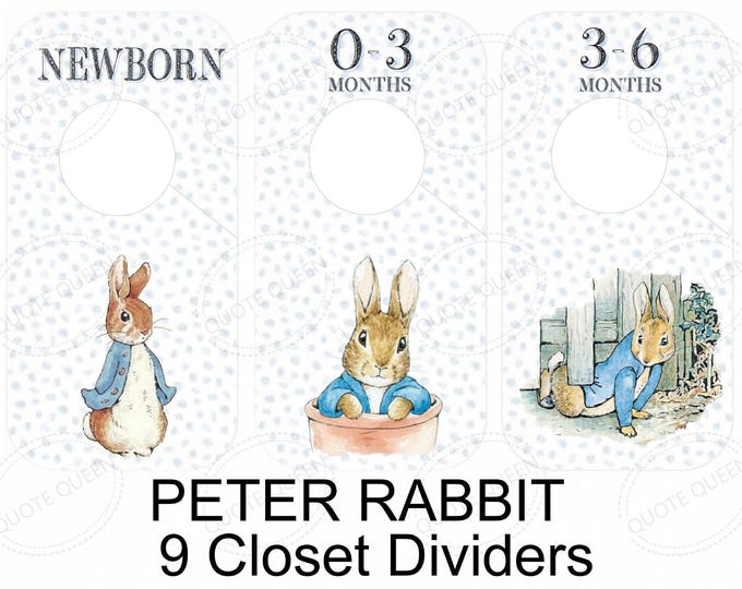 Featured listing image: Peter Rabbit Nursery Closet Dividers – 9 Double-Sided Baby Clothing Sizes