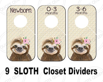 9 Sloth Closet Dividers, Baby Nursery Organization, Laminated Cardstock, New Mom Gift!