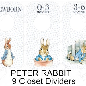 May include: Nine Peter Rabbit closet dividers for baby clothes. The dividers are white with blue polka dots and feature illustrations of Peter Rabbit in different poses. The dividers are labeled with age ranges: Newborn, 0-3 months, and 3-6 months.
