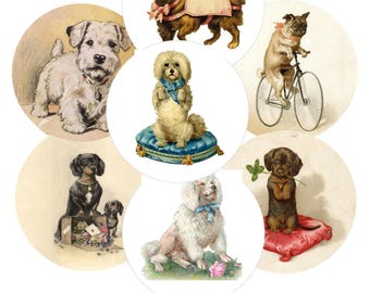 Vintage Dog Stickers, Puppy Art, Scrapbooking Embellishments (2 inch Round Glossy)
