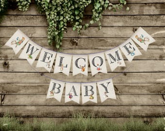 Peter Rabbit Banner, Beatrix Potter Welcome Baby Digital Download, Letter-Size PDF