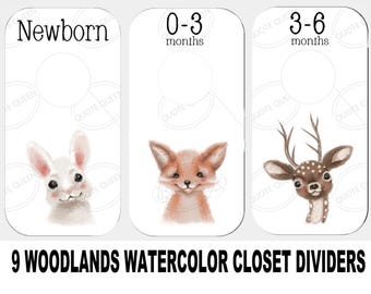 Watercolor Woodland Closet Dividers, Baby Clothes Organizer, Set of 9