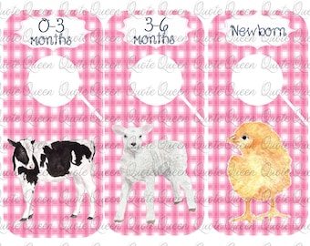 9 Farm Animal Clothes Dividers, Cow, Sheep, Chicken, Goat, Horse, Nursery Closet Dividers, 6.75 x 3.5 inches, Farm Animals, Baby Animals