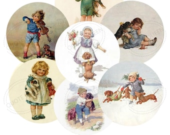 Vintage Dogs And Children Stickers, 20 Glossy 2-Inch Round Card Seals