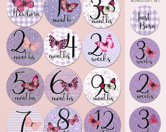 Pink Purple Butterfly Monthly Baby Girl Stickers, Newborn Milestone Photo Prop Set