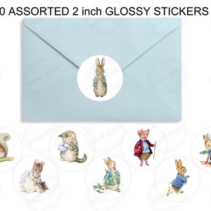May include: Twenty assorted 2 inch glossy stickers featuring characters from the children's book, Peter Rabbit. The stickers feature a variety of characters, including Peter Rabbit, Benjamin Bunny, and Mrs. Tiggy-Winkle.