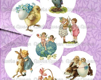Vintage Easter Stickers, 2-Inch Round Glossy Chick And Rabbit Designs, 20-Piece Set