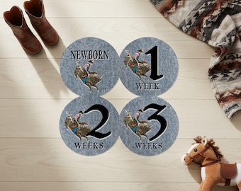 Bucking Bull Rider Baby Milestone Stickers, Western Denim Theme