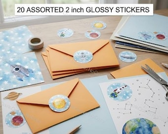 Space Stickers, 20 Glossy 2-Inch Round Designs Featuring Astronauts, Rockets And Planets
