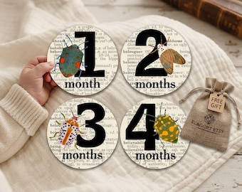 Insect Monthly Milestone Stickers Set, Vintage Dictionary Theme (Free Gift)