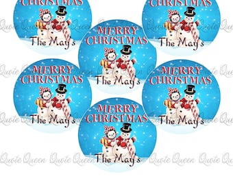 Personalized Merry Christmas Snowman Stickers, 2" Round