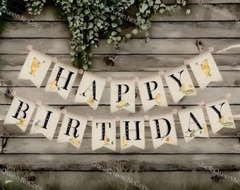 Winnie The Pooh Banner, Happy Birthday Bunting Flags, 5x7 Inch PDF Digital Download