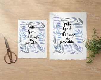 Bible Verse Print, Matthew 19:26 Christian Scripture, 5x7 & 8x10 JPG Digital Download