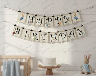 Peter Rabbit Happy Birthday Banner, Party Decor (Digital Download)