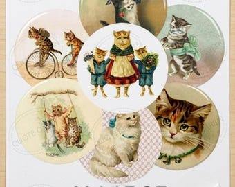 Vintage Cat Stickers, 20 Glossy 2-Inch Round Designs for Scrapbooking