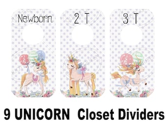 Unicorn Nursery Closet Dividers, Baby Clothes Organizer, Set of 9