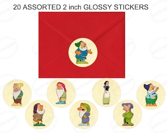 Snow White Stickers, Seven Dwarfs 2 Inch Glossy Round Disney Decals