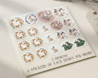 Rabbit Stickers, 20 Assorted 2-Inch Round Glossy Designs for Cards, Binders, Letters, Scrapbooking