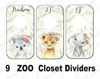 Zoo Animal Baby Girl Closet Dividers, Jungle Nursery Organization (9 Pack)