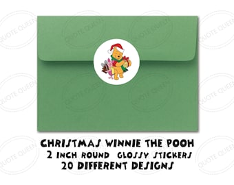 Christmas Winnie The Pooh Stickers, 20 Glossy 2-Inch Rounds for Scrapbooking