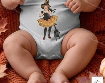 Vintage Witch with Black Cat Baby Onesie, Unisex, 100% Cotton Envelope Neck Three-Snap Closure