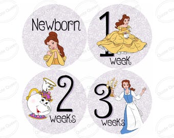 Baby Monthly Stickers, Beauty And The Beast Theme, 12-Month Set with 4-Inch Pre-Cut Designs