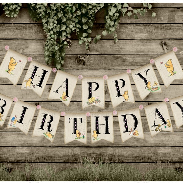 Winnie the Pooh Happy Birthday for Girl Digital Banner, Winnie The Pooh Banner, Bunting Flags, Winnie thr Pooh, Party Decor,Digital Download