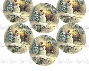 Vintage Snowman Christmas Stickers, Personalized Glossy Labels (2 inch)
