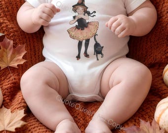 Timeless Vintage Witch and Black Cat Onesie, Unisex, 100% Cotton Envelope Neck Three-Snap Closure