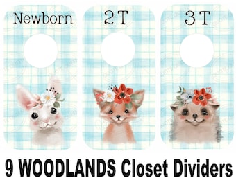 Woodland Animals Baby Clothes Dividers, Nursery Organizer, Set of 9