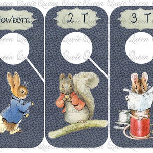 May include: Three blue door hangers with a white circle in the center for hanging. Each hanger features a different Beatrix Potter character: a rabbit, a squirrel, and a mouse. The hangers are labeled "Newborn", "2T", and "3T".