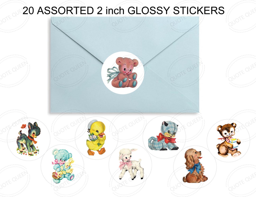 Vintage Baby Animal Stickers, Baby Animals, Bear, Duck, Cat, Puppy