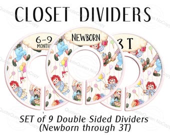 Raggedy Ann Vintage Inspired Closet Dividers, Set of 9, Newborn to 3T (Double-Sided)