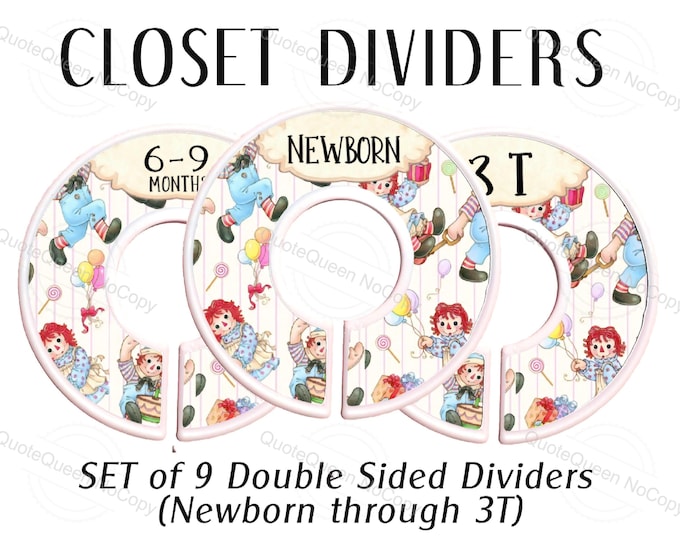 Featured listing image: Raggedy Ann Vintage Inspired Closet Dividers, Set of 9, Newborn to 3T (Double-Sided)