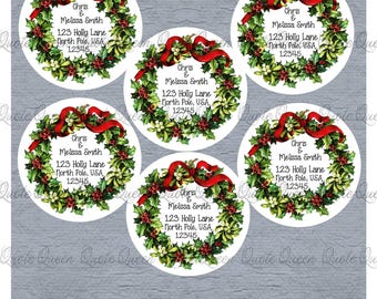 Personalized Christmas Wreath Address Labels, Glossy Stickers (2 inch)