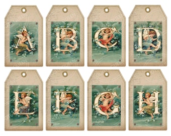 Vintage Cherub Alphabet Printable Tags, Junk Journal PDF Download
