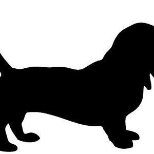 May include: Black silhouette of a basset hound dog standing with its tail curled up.